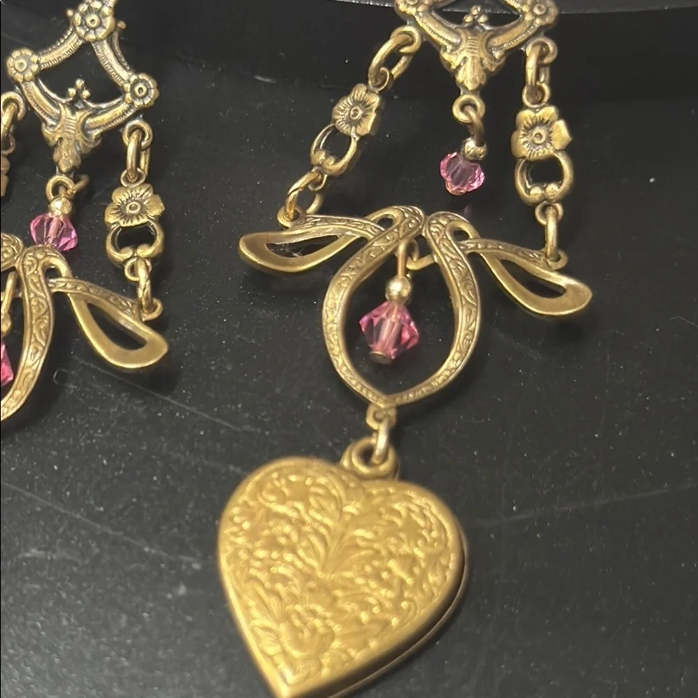 Vintage. Heart. Dangle Gold and Pink Heart Drop Earrings
